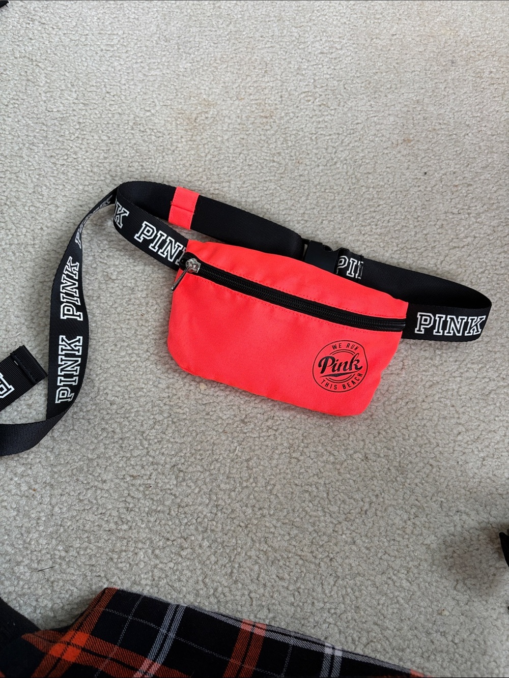 PINK Victoria's Secret Neon Coral Belt Bag with Logo Strap